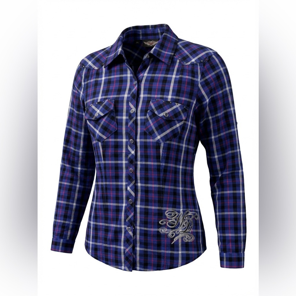 Harley-Davidson Woman Blue & Red Plaid Shirt Snap Buttons Size XS P2P 18”